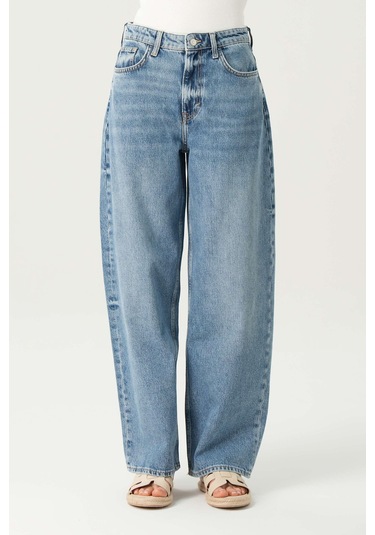 Orta Mavi Yüksek Bel Patı Fermuarlı Loose Jean Pantolon C 4934-017 Mavi