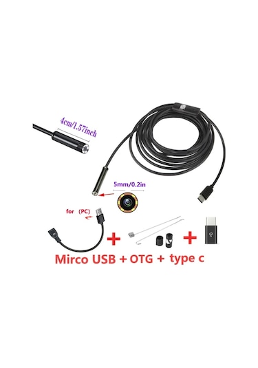 Boatshop1 5m Sert Kablo 5mm Kanalizasyon Endoskop Endoskopi Tip C Mini Kamera 3ü 1 Arada Otomotiv İnceleme Kamera Boroskop Android 10m Kablo