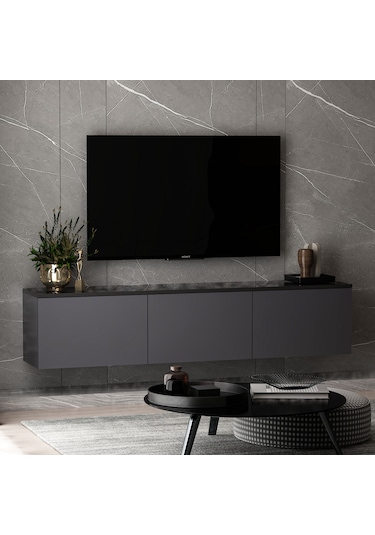 Neon 3 Kapaklı Duvara Monte Tv Ünitesi, Tv Sehpası Antrasit Mermer Desen - Antrasit Antrasit