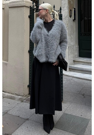 Siyah Pileli Cepli Kadın Midi Boy Etek Mg2536 Siyah