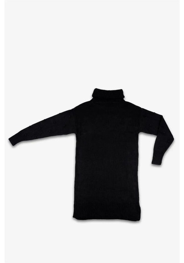 Kadın Siyah Boğazlı Kabartma Noktalı Uzun Kollu Triko Elbise Siyah