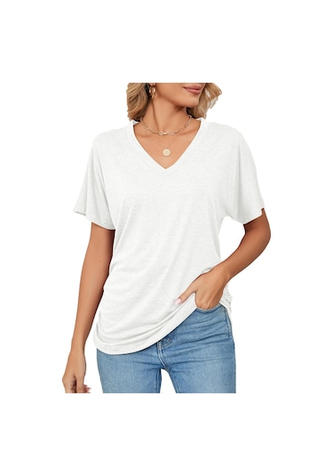 Beyaz Hnxc Kadın Moda Günlük Yaz Düz Renk Baskı Kısa Kollu V Yaka Bluzlar Ve Gömlekler Beyaz