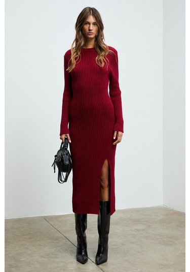 Grımelange Soreya Kadın Yuvarlak Yaka Çizgi Desenli Yırtmaçlı Slim Fit Triko Bordo Elbise Bordo