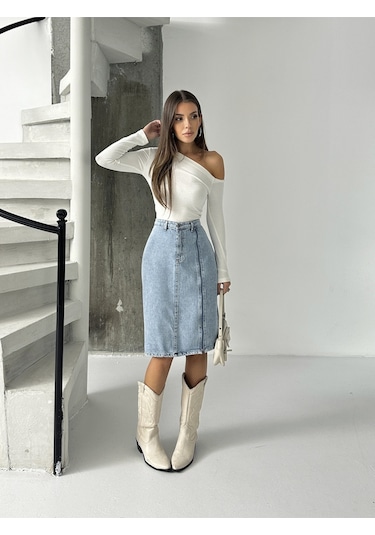 Kadın Ön Yırtmaç Fermuar Detaylı Kot Etek Taş