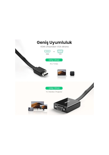 Ugreen Flat Kablolu Hdmı - Vga Aux Dönüştürücü 25 Cm, Siyah, 40248