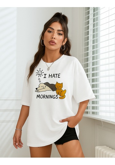 Kedi Baskılı Unisex Tişört BEYAZ