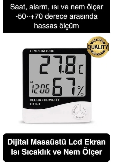 Premium Dijital Masaüstü Lcd Ekran Isı Sıcaklık Ve Nem Ölçer Termometre Saat Alarm Pilli Beyaz