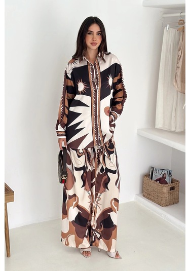 Modal Saten Kumaş Desenli Takım Kahverengi Kahverengi