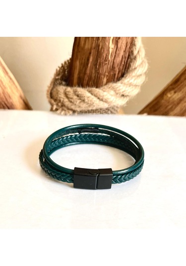 %100 Deri 4lü Kombin Yeşil Erkek Bileklik Boyut Net 20 Cm Yeşil
