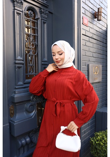 Kadın Kremit Boydan Düğmeli Yarasa Kol Kuşaklı Lara Keten Uzun Tesettür Elbise Kremit Kiremit