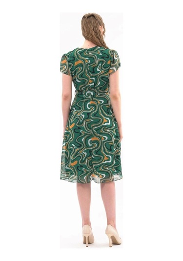 Kadın Desenli Kruvaze Yaka Midi Şifon Elbise 4445/110 Zümrüt Yeşili