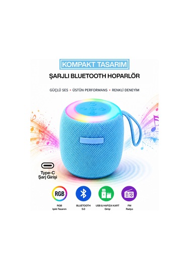 Rgb Işıklı Şarjlı Bluetooth Hoparlör - Type-c - Fm Radyo - Usb - Hafıza Kartı