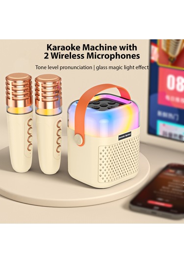 Ruicoo A1 Bej Dışarıda Kullanılabilir Kablosuz Mikrofonlu Hoparlör Seti - Çift Mikrofonlu Ev Karaoke Sistemi Rgb Işık Efektiyle