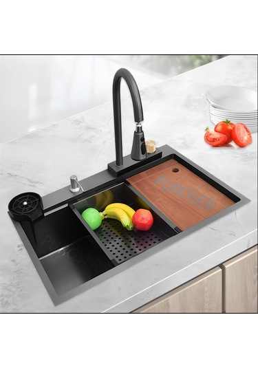 Puroser Teknolojik Mutfak Eviye Seti Siyah Krom Evye Şelale Evye 3 Fonksiyonlu Bataryası Dahil