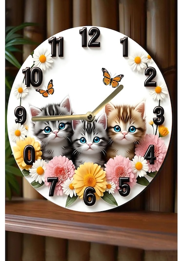 Sevimli Kedili Mdf Duvar Saati 3d Görünümlü, 2d Hd Baskı, 33 Cm 3d Görünümlü Sdw231 Renkli