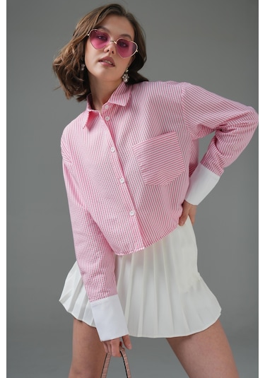 Saade Pembe Çizgili Crop Gömlek Mavi