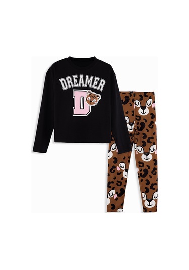 Denokids Leopar Kız Çocuk T-shirt Tayt Takım Renkli