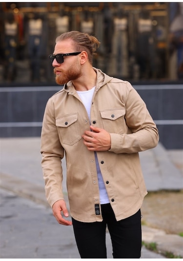 Vizon Renk Kapüşonlu Kot Ceket Vizon