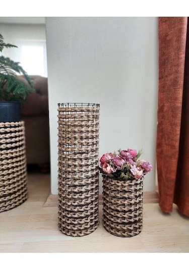 Egindra Trendev Metal Tel Hasır Örgülü Tasarım Vazo 40 Ve 20 Cm 2Li Set