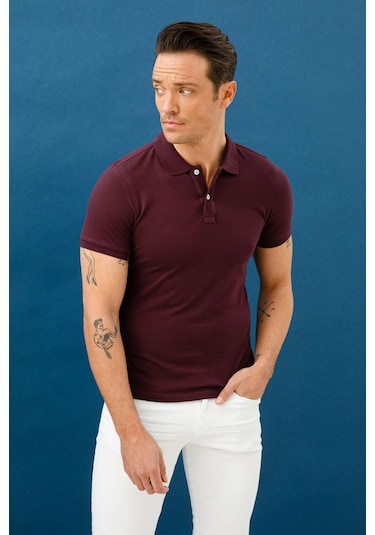 Erkek Mürdüm Standart Polo Yaka Tişört-9472 MÜRDÜM