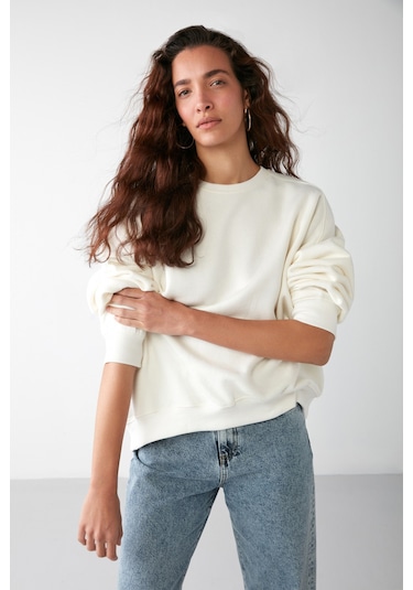 Vaneltına  Kadın Içi Polarlı 3 Iplik Organik Pamuk Oversize Basic Bisiklet Yaka Vanilya Sweatshirt