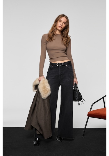 Grımelange Grıgros Kadın Esnek Kumaşlı Vücuda Oturan Slim Fit Uzun Kollu Vizon T-shirt Vizon