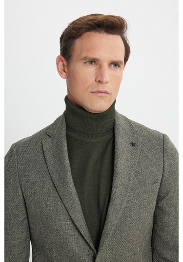 Erkek Hakı Slim Fit Dar Kesim Mono Yaka Desenli Torba Cepli Ceket Haki