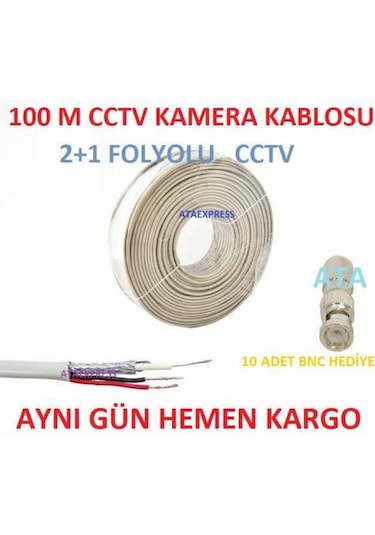 10 Adet Bnc Li 100Metre 2+1Cctv Cc Tv Kamera Montaj Kablos