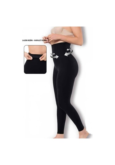 Lazer Kesim 2 Beden Incelten Hayalet Korseli Yüksek Bel Tayt SiYAH