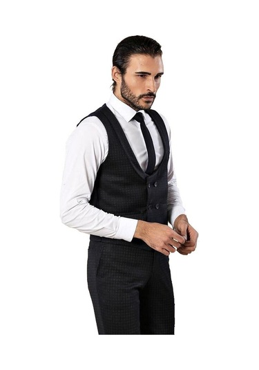 Desenli Kruvaze Lacivert Erkek Pantolon Yelek Set - Wessi