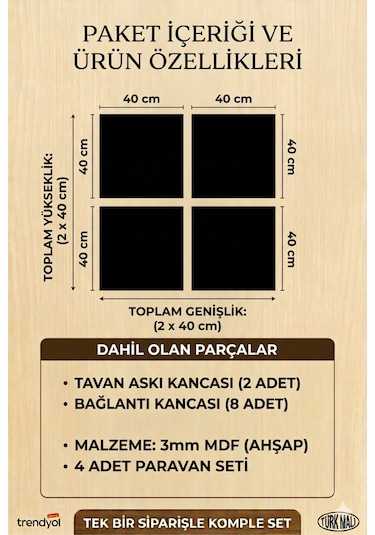 Lazer Kesim Paravan, Ahşap Separatör, Oda 4'lü Panel Levha Model04 40 X 40 Cm