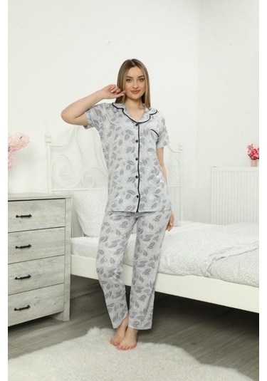 Lazella Kısa Kollu Düğmeli Kadın Pijama Takımı Gri