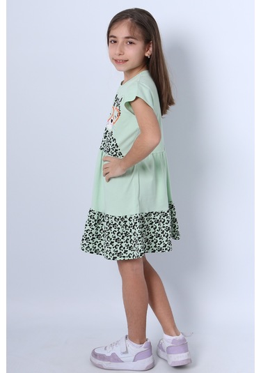 Kız Çocuk Elbise Fırfırlı Kedicik Baskılı C13 Yeşil