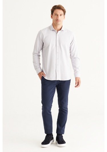 AC&Co / Altınyıldız Classics Erkek GRI Kolay Ütülenebilir Slim Fit Dar Kesim İtalyan Yaka Armürlü Gömlek Gri