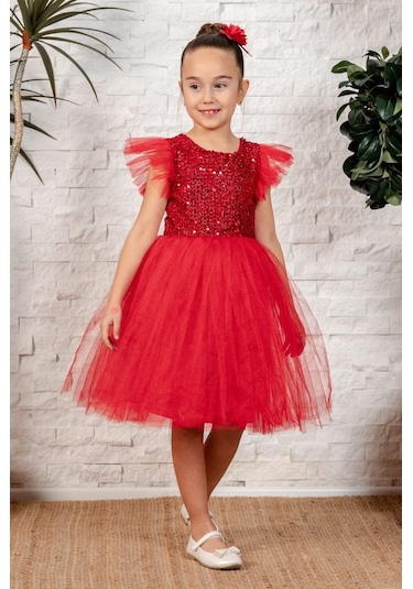 Tüllü Kız Çocuk Kpl Elbise Mnk0526 Kırmızı