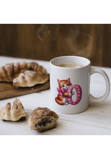 O Harfli Bardak, Sevimli Kedili Pembe Tasarım Bardak, Arkadaşa Aileye Hediye Porselen Beyaz