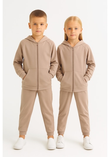 Kız - Erkek Çocuk Basic Fermuarlı Okul Eşofman Takımı Ak0785 Bej