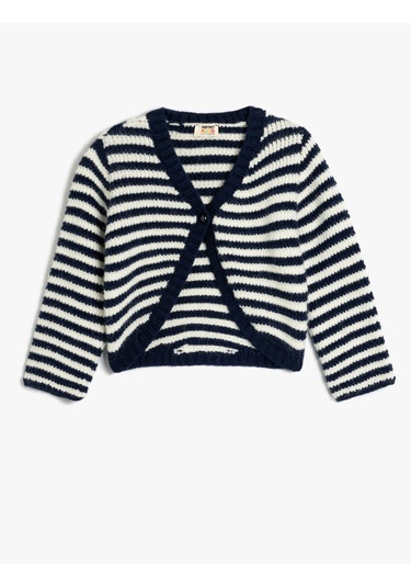 Koton Düğme Detaylı V Yaka Uzun Kollu Çizgili Triko Hırka Lacivert Çizgili 5wkg90052ht Lacivert Çizgili Lacivert