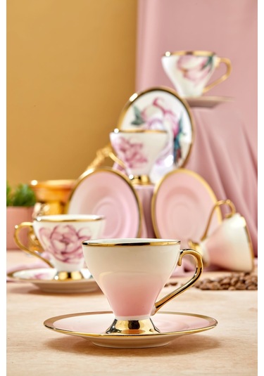 Cooker 6 Lı Lüks Yaldız Porselen Kahve Fincan Takımı Ckr3520 Pembe