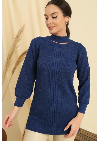 Boyun Dekolteli Saç Örgülü Desen Büyük Beden Spor Tunik Kazak-35203 - Saks