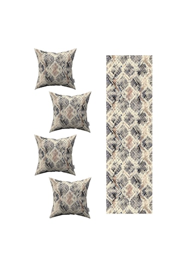 Kahverengi Gri Yılan Derisi Desenli 4'lü Kırlent Kılıfı 1 Runner Seti 4kmbs208-rs