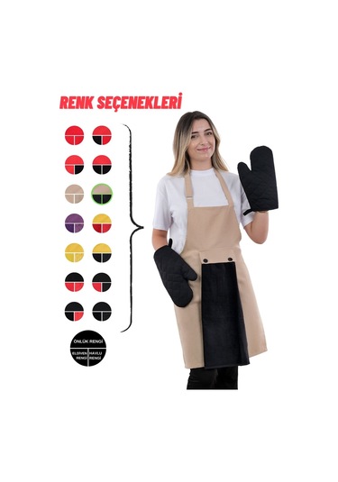 Star Ayar Askılı Havlulu 4lü Mutfak Önlüğü Seti 2 Eldiven Krem-siyah-siyah