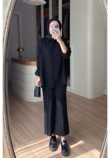 Kahijab Nakışlı Pul Detay Oversize Gömlek - Siyah