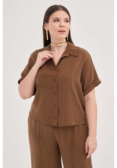 Kısa Kollu Oversize Gömlek-1801 Kahverengi