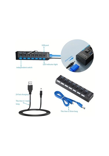 Xuweiwei Araç İçin Usb 7 Portlu Çift Kablolu Adaptör, 5g Veri Aktarım, Anahtarlar Ve Led Göstergeler, Hızlı Şarj Kablosu