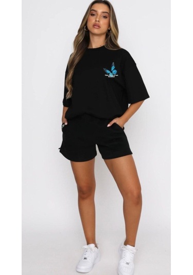Kelebek T-shirt Şort - Siyah Alt Üst Kombin Şort Tişört Takım Baskılı Oversize Bisiklet Yaka Siyah