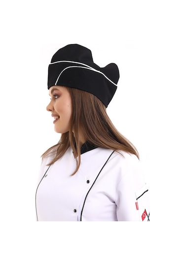 Siyah Üzerine Beyaz Biye Aşçı Kayık Kep - Unisex-Standart-Tek Parça