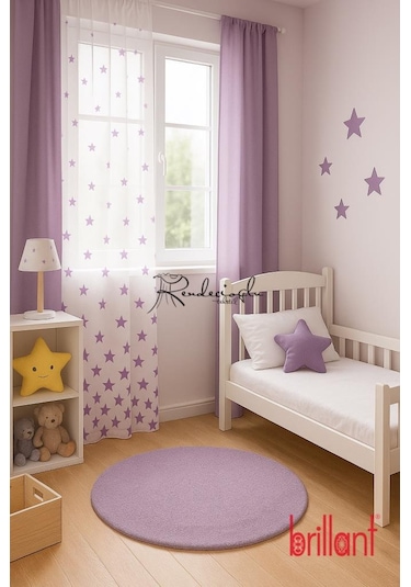 Brillant Marka Yıldız Desenli Tül Perde Örme Kumaş, Çocuk Odası İçin Özel Tasarım Mor Mor