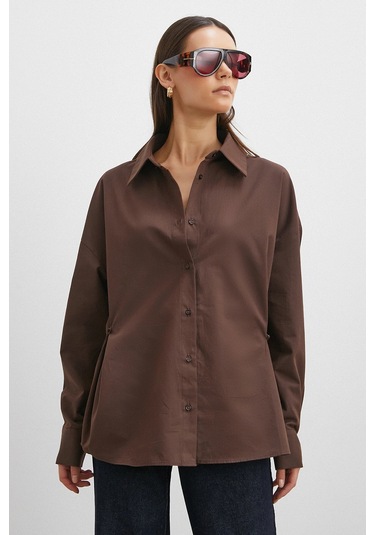 Düğme Detaylı Pamuklu Gömlek Kahve Kahve