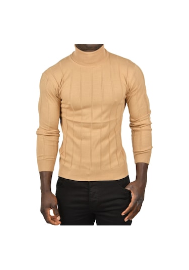 Deepsea Erkek Camel Slim Fit Likralı Tam Balıkçı Yaka Çizgili Boğazlı Kazak 2505504 Camel